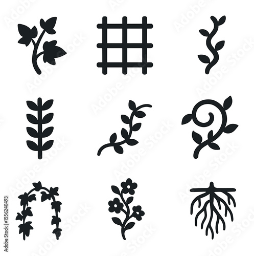 Climbing Plants Icons. Solid, filled icons set of climbing plants: ivy vine, trellis icon, twisted stem, leaf