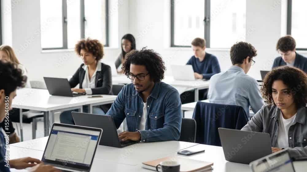 Diverse students coding on laptops in a bright classroom, focused on their screens, learning and collaborating Diverse students coding on laptops in a bright classroom, focused on their screens, learning and collaborating
