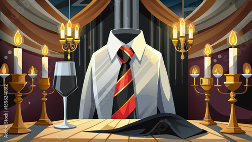 A perfectly tied black silk tie rests against a crisp white tuxedo shirt, highlighted by soft candlelight. In the background: a champagne flute, chandelier, and velvet curtains. The composition whispe