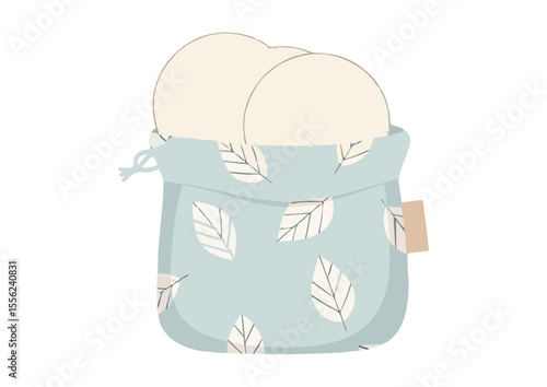 Reusable cotton pads in a leaf-printed pouch for eco-friendly beauty care