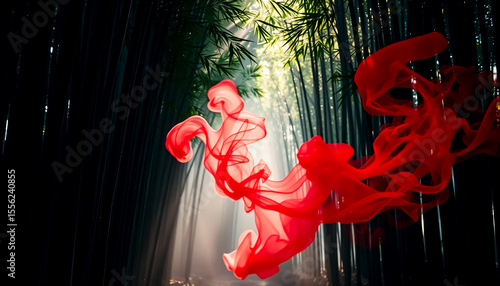Red smoke swirling in a bamboo forest with light beams, evoking a surreal and mystical atmosphere.