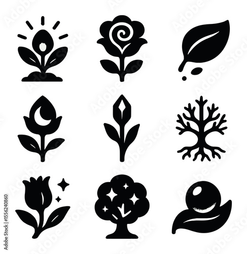 Dreamlike Flora Icons. Solid, filled icons set of dreamlike flora: glowing plant, spiral flower, floating leaf