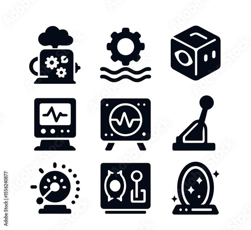 Mystical Machine Icons. Solid, filled icons set of mystical machines: dream engine, floating gear, sentient