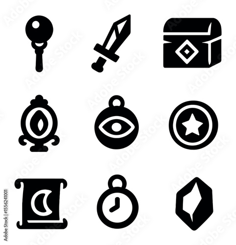 Magical Artifacts Icons. Solid, filled icons set of magical artifacts: orb wand, crystal dagger, rune box,