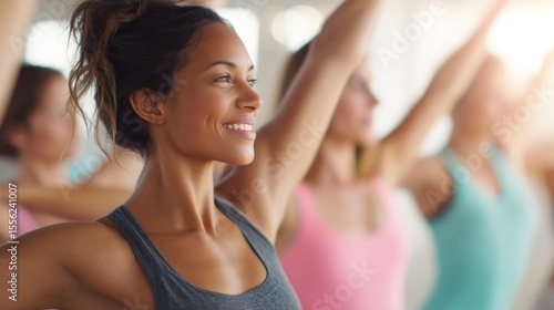 Diversity in Exercise & Wellness aerobics concept. Smiling woman enjoying a fitness class with others in the background. Free Download Diversity in Exercise & Wellness aerobics concept. Smiling woman enjoying a fitness class with others in the background. - GFXLoad