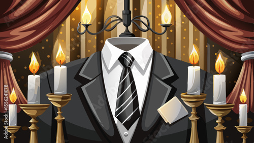 A perfectly tied black silk tie rests against a crisp white tuxedo shirt, highlighted by soft candlelight. In the background: a champagne flute, chandelier, and velvet curtains. The composition whispe
