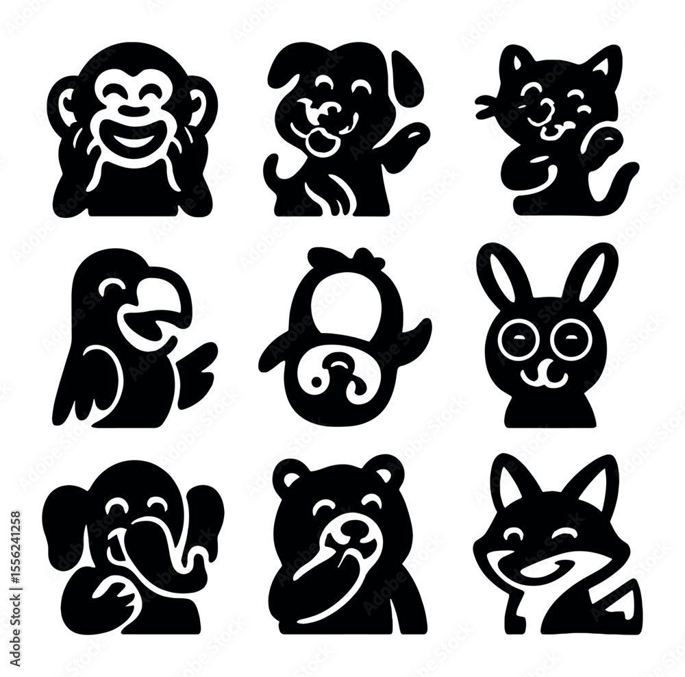 Funny Animal Icons. Solid, filled icons set of funny animals: giggling monkey, silly dog, dancing cat, Funny Animal Icons. Solid, filled icons set of funny animals: giggling monkey, silly dog, dancing cat,