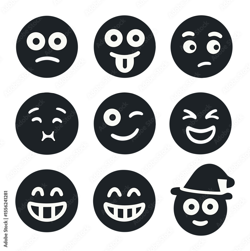 Silly Icons Set. Solid, filled icons set of silly expressions: crossed eyes, tongue out, eyebrow raise, puffed Silly Icons Set. Solid, filled icons set of silly expressions: crossed eyes, tongue out, eyebrow raise, puffed
