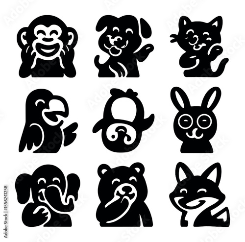 Funny Animal Icons. Solid, filled icons set of funny animals: giggling monkey, silly dog, dancing cat,