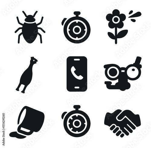 Practical Jokes Icons. Solid, filled icons set of practical jokes: fake insect, joy buzzer, squirting flower,