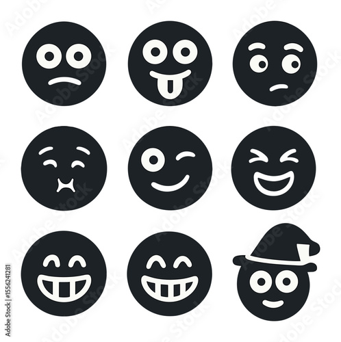 Silly Icons Set. Solid, filled icons set of silly expressions: crossed eyes, tongue out, eyebrow raise, puffed