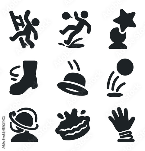 Slapstick Icon Set. Solid, filled icons set of slapstick icons: ladder fall, slip icon, bonk star, tumbling