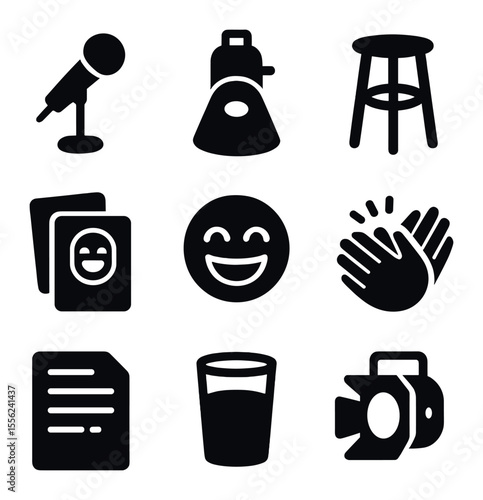 Comedy Show Icons. Solid, filled icons set of stand-up comedy symbols: mic stand, spotlight, stool, punchline