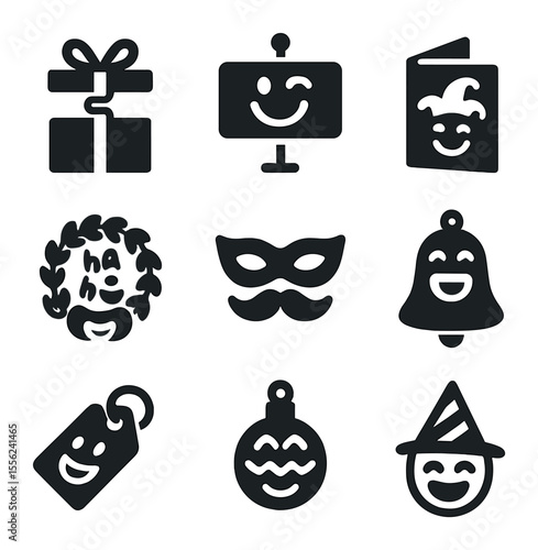 Humorous Holidays Icons. Solid, filled icons set of humorous holidays: prank gift, April Fool sign, silly