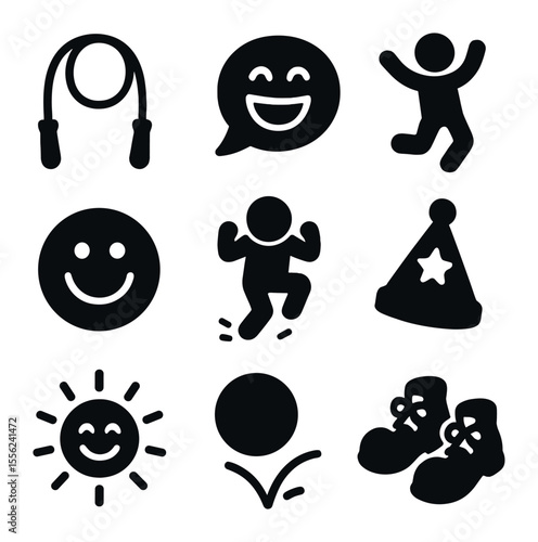 Childlike Joy Icons. Solid, filled icons set of childlike joy: skipping rope, laugh bubble, hop dance, chalk