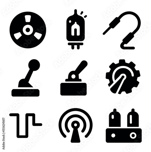Analog Icon Grid. Solid, filled icons set of analog dreaming: tape reel, glowing vacuum tube, signal wire,