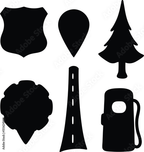 Black silhouette of road, gas station, and direction signs, travel and navigation theme