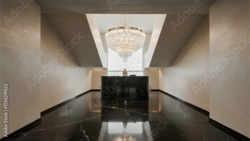 Elegant Lobby with Black Marble Floor and Crystal Chandelier