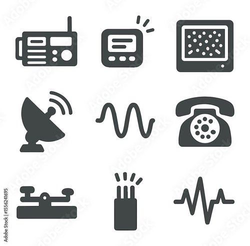 Retro Communication Icons. Solid, filled icons set of retro communication: ham radio, blinking receiver,