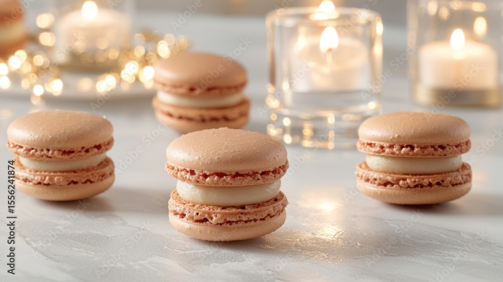 Obraz premium Intimate wedding and dinner concept. Delicious macarons with soft lighting and candles in the background.