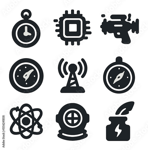 Timeline Fusion Icons. Solid, filled icons set of timeline fusion: pocket watch, glitch chip, steam ray gun,