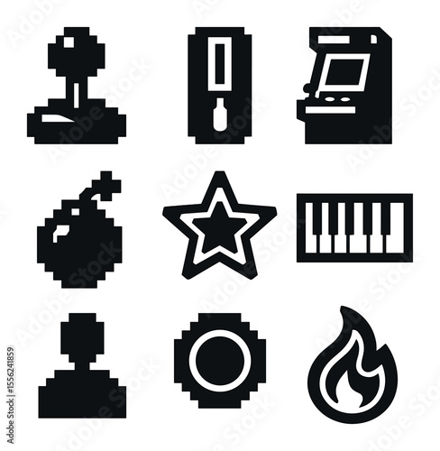 Retro Arcade Icons. Solid, filled icons set of arcades and pixels: joystick, insert coin slot, retro cabinet,