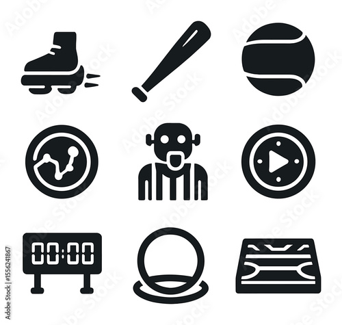 Retrofuturistic Sports Icons. Solid, filled icons set of retrofuturistic sports: hover skates, chrome bat,