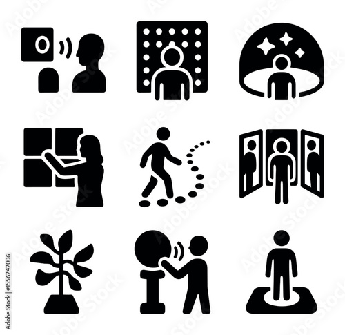 Interactive Art Icons. Solid, filled icons set of interactive art installations: motion sensor, LED panel,