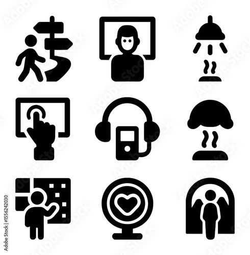 Interactive Museum Icons. Solid, filled icons set of experiential museums: guided path, digital exhibit,