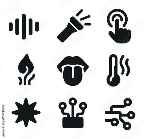 Sensory Experience Icons. Solid, filled icons set of sensory experiences: sound wave, light beam, touch zone,