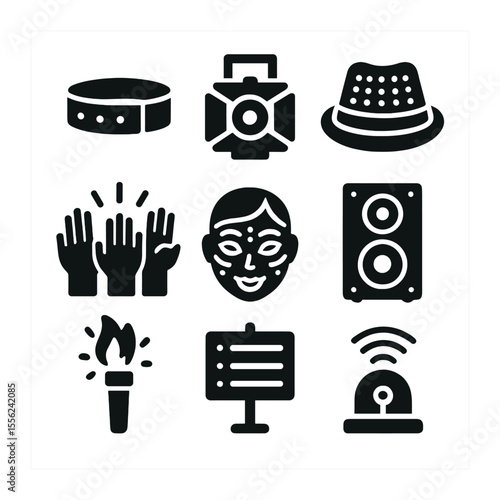 Neon Festival Icon Set. Solid, filled icons set of neon festival vibes: wristband icon, stage light, LED hat,