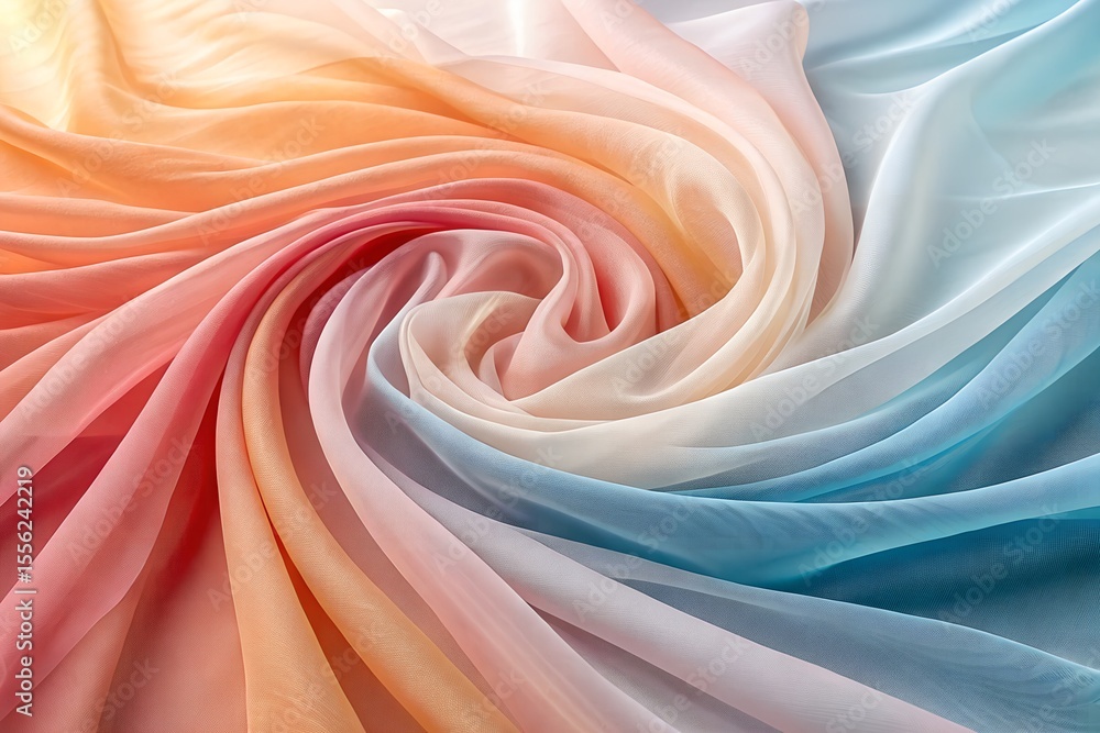 Obraz premium Swirling Gradient Fabric in Sunset Tones – Abstract Textile Flat Lay with Sheer Texture and Color Flow