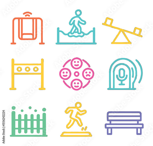 Neon Playground Icons. Solid, filled icons set of neon urban playgrounds: smart swing, hover path, kinetic