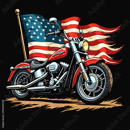 Vector design with drawing
biker motorcycle with torn national usa flag 
on black background. 
Fashion american t-shirt print 
for fabric, paper, men clothing,
hoodie, biker jacket. T shirt template.