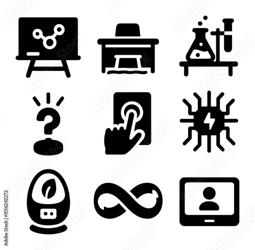 Immersive Learning Icons. Solid, filled icons set of immersive learning labs: reactive chalkboard, neon desk,
