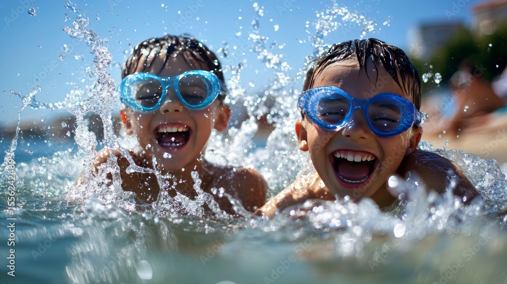 Naklejka premium smiling children with goggles, enjoying sea waves, playful and bright