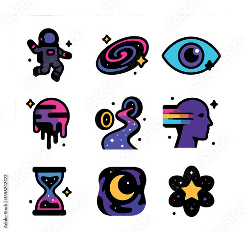 Cosmic Icons Collection. Solid, filled icons set of cosmic hallucinations: floating astronaut, neon galaxy,