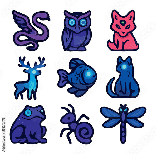 Mystical Creature Icons. Solid, filled icons set of hallucination creatures: winged snake, neon owl, third-eye