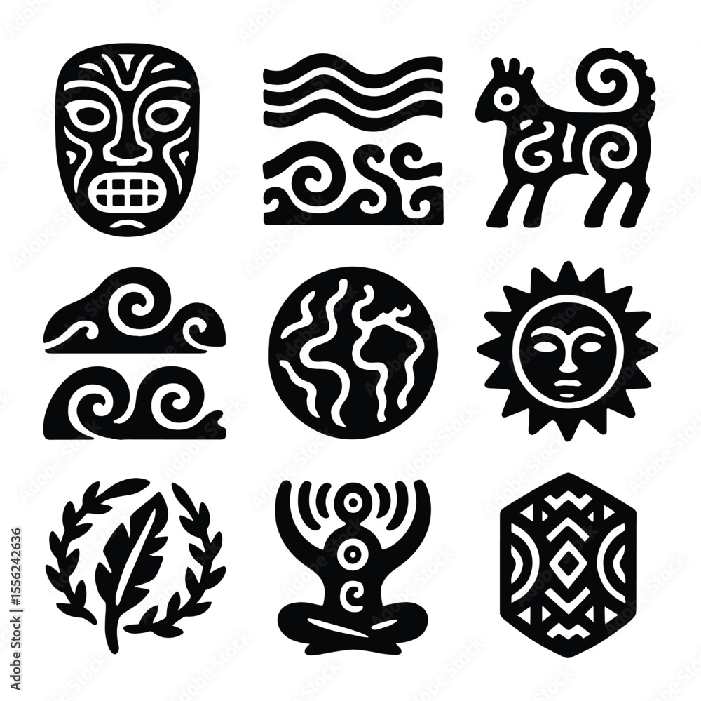 Obraz premium Tribal Icon Grid. Solid, filled icons set of tribal psychedelic art: mask icon, spirit lines, animal symbols,