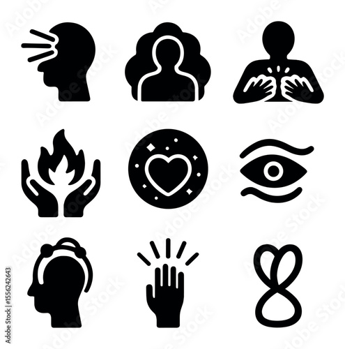 Psychic Energy Icons. Solid, filled icons set of psychic energy forms: beam mind, aura cloud, pulse chest,