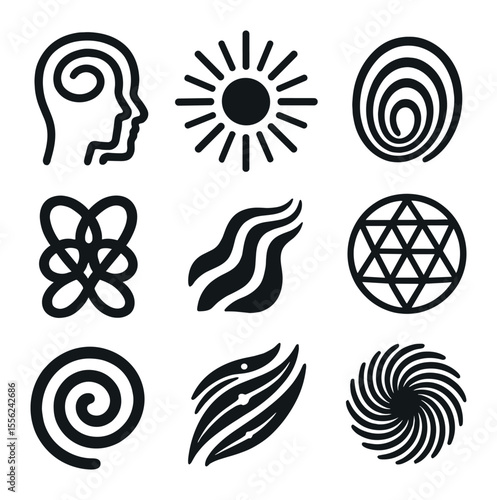 Visionary Art Icons. Solid, filled icons set of visionary art lines: contour mind, radiating beams, echo