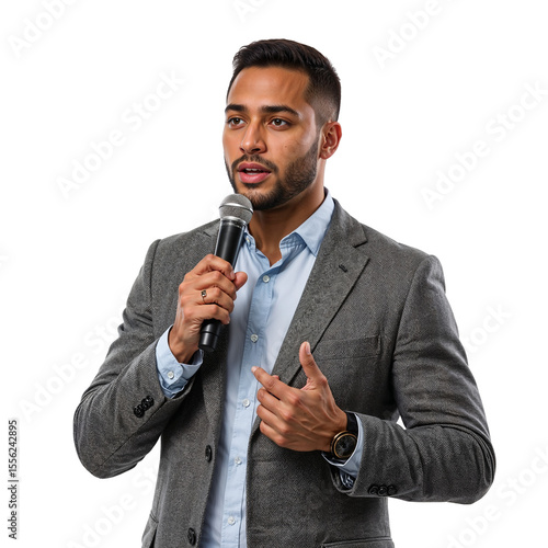 Expressive Businessman Speaking into Microphone Isolated on transparent background