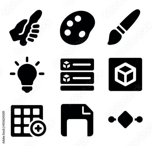 VR Creative Tools Icons. Solid, filled icons set of VR creative tools: sculpt hand, color palette, brush icon,