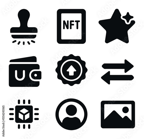 NFT Utility Icons. Solid, filled icons set of NFT utilities: mint icon, NFT card, rarity star, wallet connect,