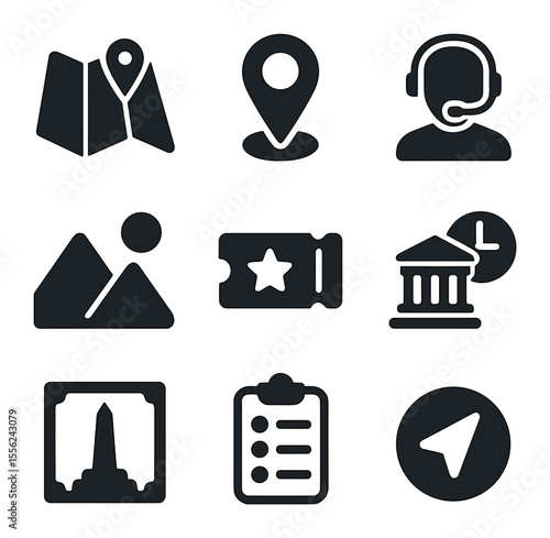Virtual Tourism Icons. Solid, filled icons set of virtual tourism: travel map, destination pin, guided avatar,