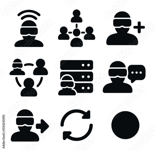 VR Networking Icons. Solid, filled icons set of VR networking: signal beam, avatar connect, friend request,