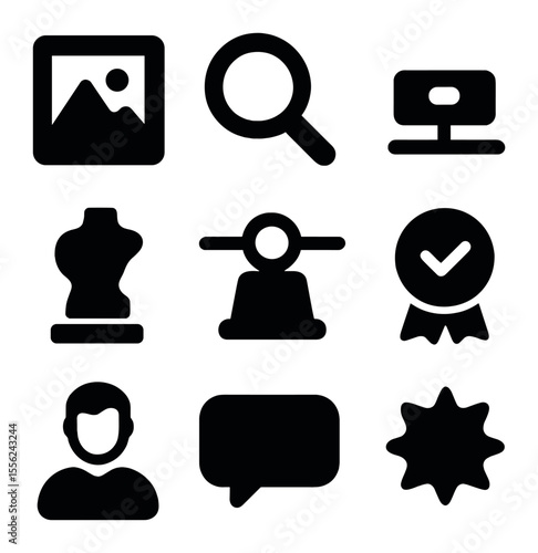 Virtual Gallery Icons. Solid, filled icons set of virtual art galleries: frame icon, zoom tool, exhibit tag,