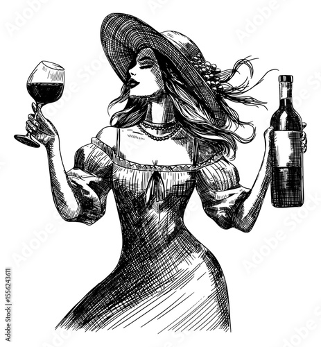graceful woman holding wine glass and bottle isolated hand drawn sketch illustration in vintage attire wide-brimmed hat adorned with flowers grapes poster card design