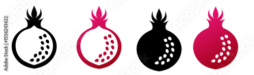 Pomegranate icon in natural gradient and black colors, silhouette and outline designs