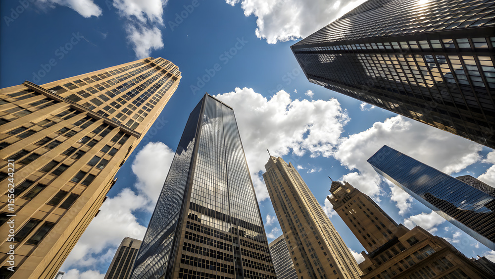 Fototapeta premium A lowangle view captures the towering skyscrapers of a modern city against a bright blue sky dotted with fluffy clouds